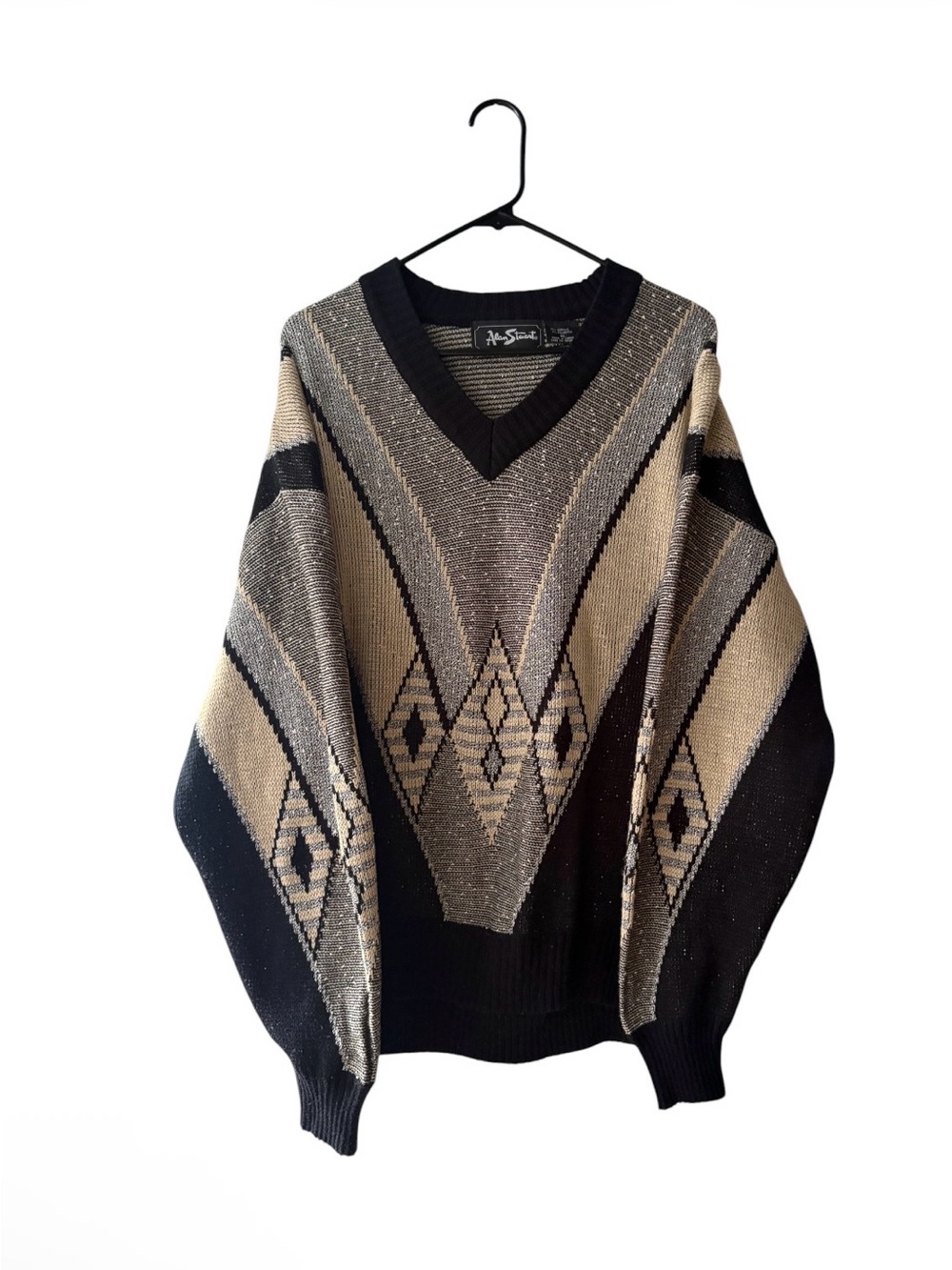 Alan Stuart Black and Beige Geometric V-Neck Sweater
